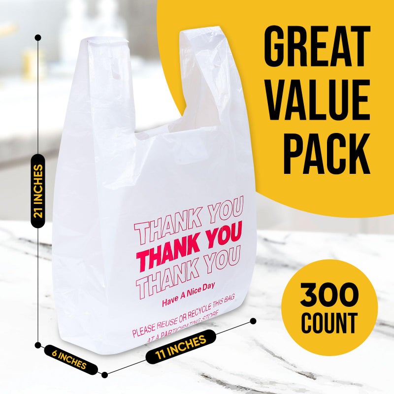SheerDelight Plastic Bags, 300 Count Thank You Bags, Plastic Bags With Handles For Shopping, Grocery, Plastic Bag For Small Business (11"x 6"x 21"), Recyclable T Shirt Bags, White Plastic Bag - Image 2