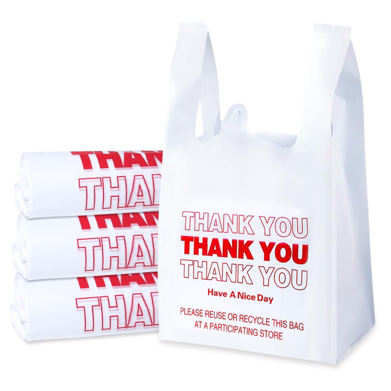 SheerDelight Plastic Bags, 300 Count Thank You Bags, Plastic Bags With Handles For Shopping, Grocery, Plastic Bag For Small Business (11"x 6"x 21"), Recyclable T Shirt Bags, White Plastic Bag - Image 1