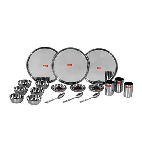 Sumeet Stainless Steel Solid Heavy Gauge Mirror Finish Dinner Set Of 18 Pcs (3 Plate, 3 Small/Halwa Plate, 6 Bowl/Wati, 3 Glass, 3 Spoon) - Image 1