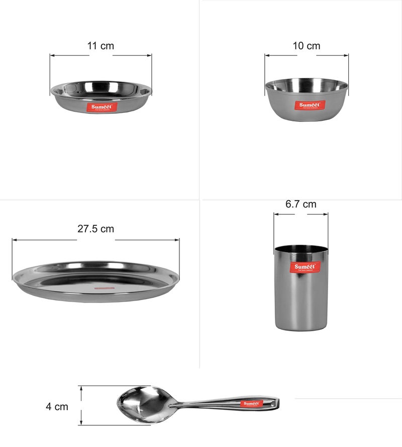 Sumeet Stainless Steel Solid Heavy Gauge Mirror Finish Dinner Set Of 18 Pcs (3 Plate, 3 Small/Halwa Plate, 6 Bowl/Wati, 3 Glass, 3 Spoon) - Image 4