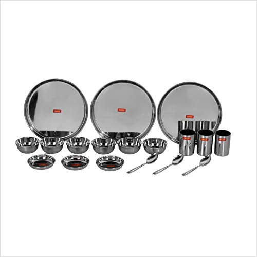 Sumeet Stainless Steel Solid Heavy Gauge Mirror Finish Dinner Set Of 18 Pcs (3 Plate, 3 Small/Halwa Plate, 6 Bowl/Wati, 3 Glass, 3 Spoon) - Image 5