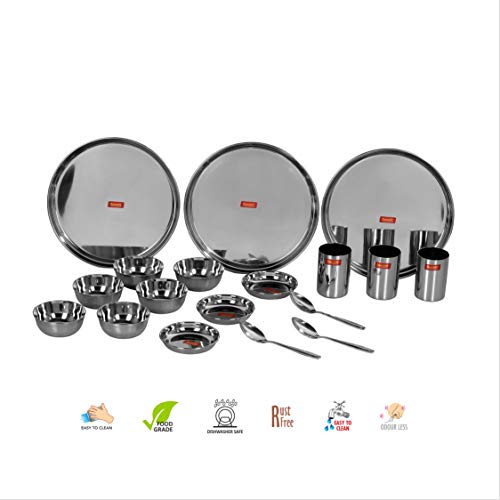 Sumeet Stainless Steel Solid Heavy Gauge Mirror Finish Dinner Set Of 18 Pcs (3 Plate, 3 Small/Halwa Plate, 6 Bowl/Wati, 3 Glass, 3 Spoon) - Image 2