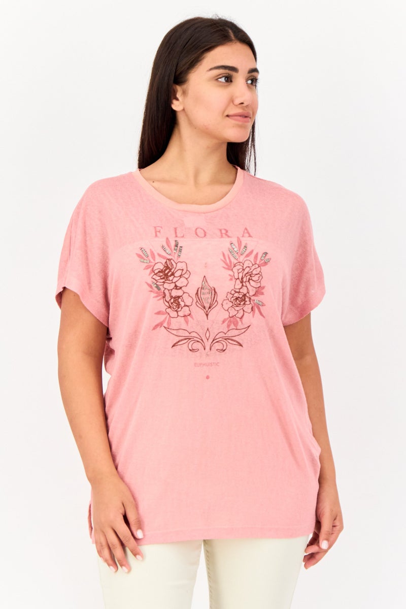 ONLY Women Round Neck Short Sleeves Embroidered Top, Old Rose - Image 1