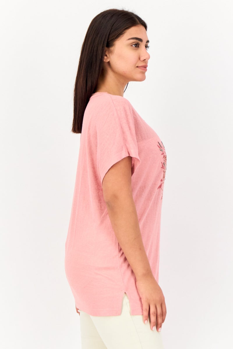 ONLY Women Round Neck Short Sleeves Embroidered Top, Old Rose - Image 2