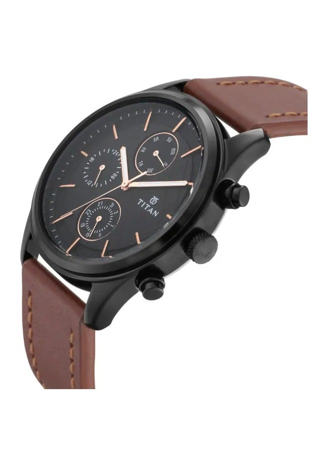 Titan Quartz Multifunction Watch for Men Black Dial With Leather Strap - Image 1