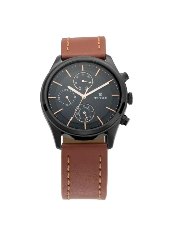 تيتان Titan Quartz Multifunction Watch for Men Black Dial With Leather Strap