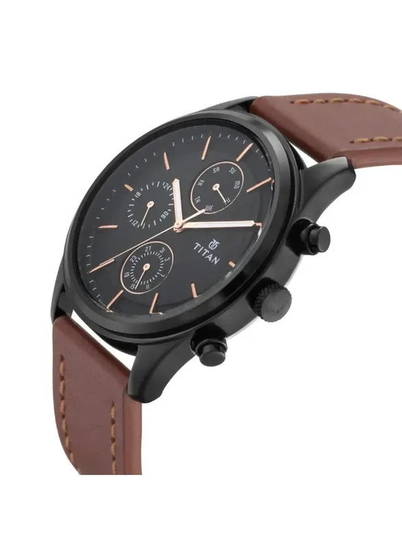 تيتان Titan Quartz Multifunction Watch for Men Black Dial With Leather Strap