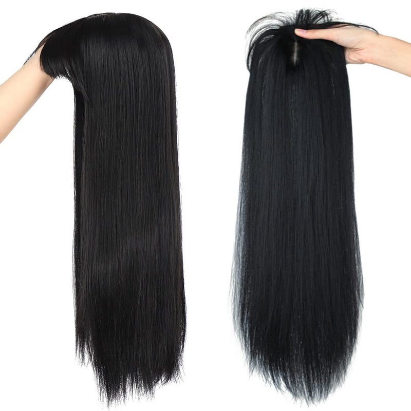 LesafeV 50cm Long Seamless Nature Look Clip in Hairpiece with Side-Fringe Extension Forehead Topper for Women with Thinning Hair Straight Black - Image 2