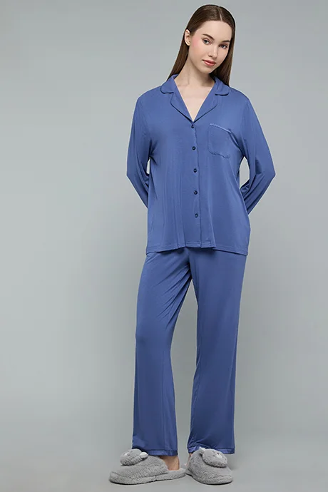 R&B Solid Lapel Collar Pyjama Set