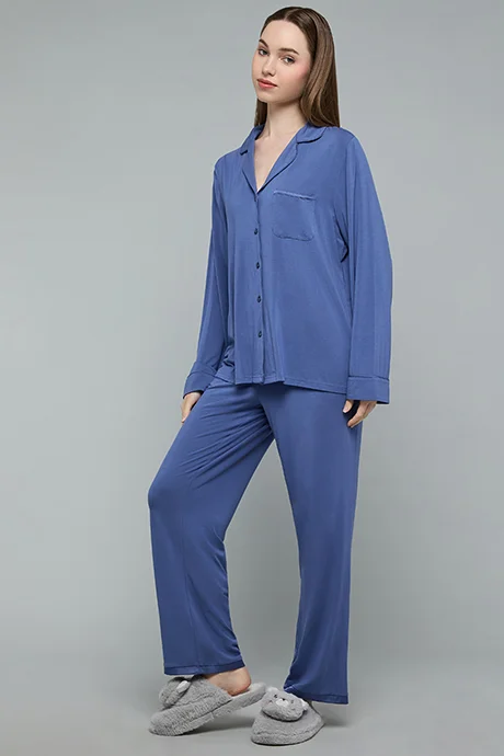 R&B Solid Lapel Collar Pyjama Set
