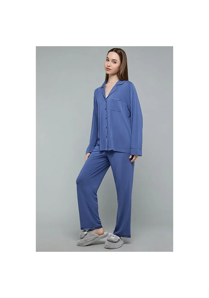 أر أند بي Solid Lapel Collar Pyjama Set