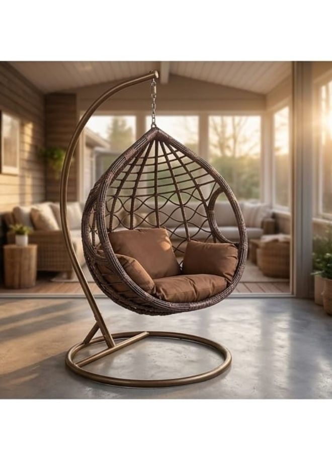 SUNLIT HOME Outdoor Hanging Egg Chair with Stand – Luxury Brown Swing Chair with Cushion – Balcony & Garden Patio Chair for Indoor Outdoor Use – Heavy Duty Steel Frame - Image 1