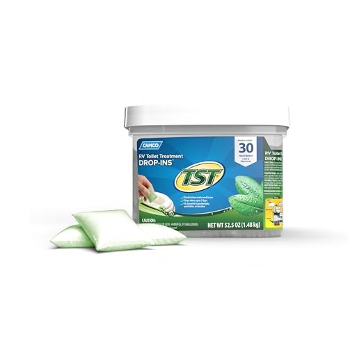 Camco TST Camper/RV Toilet Treatment Drop-INs - Control Unwanted Odors and Break Down Waste and Tissue - Safe Septic Tank Treatment - Fresh Scent - 30-Pack (40263) - Image 1