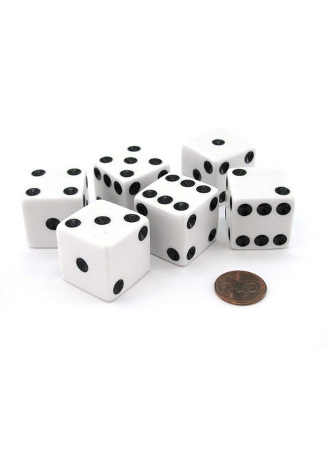 Set of 6 D6 25mm Large Opaque Jumbo Dice - White with Black Pip by Koplow Games