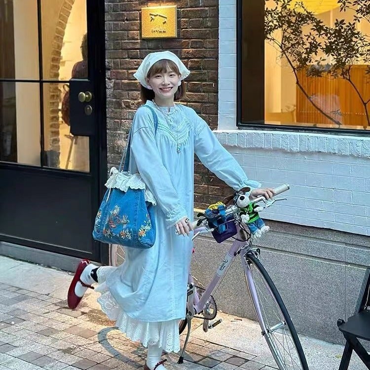 حقيبة تسوق من الدنيم مع تطريز وربط دانتيل، ربيع وصيف، أنيقة وعصرية - Image 4