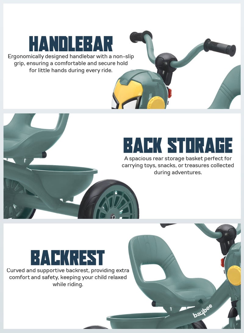 BAYBEE Blaze Baby Tricycle for Kids, Smart Plug n Play Kids Cycle with Music, Light, High backrest & Rear Storage Baskets | Kids Tricycle | Baby Cycle for Kids 2 to 5 Years Boy Girl Green - Image 5