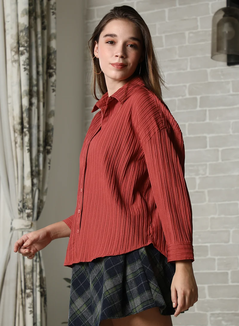PINACOLADA  Women's Sienna Brown Stripe-Tactile Oversized Shirt For Casual Wear | Spread Collar | Long Cuffed Sleeves | Button Closure | Oversized Shirt Designed With Comfortable Fit For Woman & Girls for Women | Best Price UAE