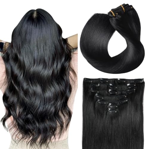 SUYYA Clip in Hair Extensions Real Human Hair Jet Black Straight Hair Extensions Clip ins Double Weft Human Hair Clip ins 7pcs 120g 18 inches 1 Jet Black - Image 2