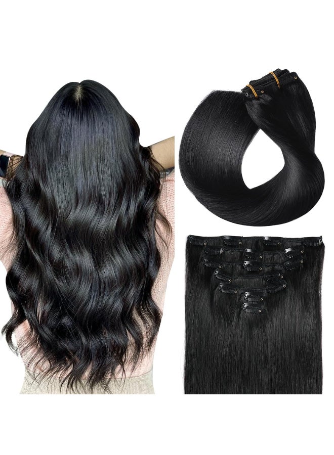 SUYYA Clip in Hair Extensions Real Human Hair Jet Black Straight Hair Extensions Clip ins Double Weft Human Hair Clip ins 7pcs 120g 18 inches 1 Jet Black - Image 3