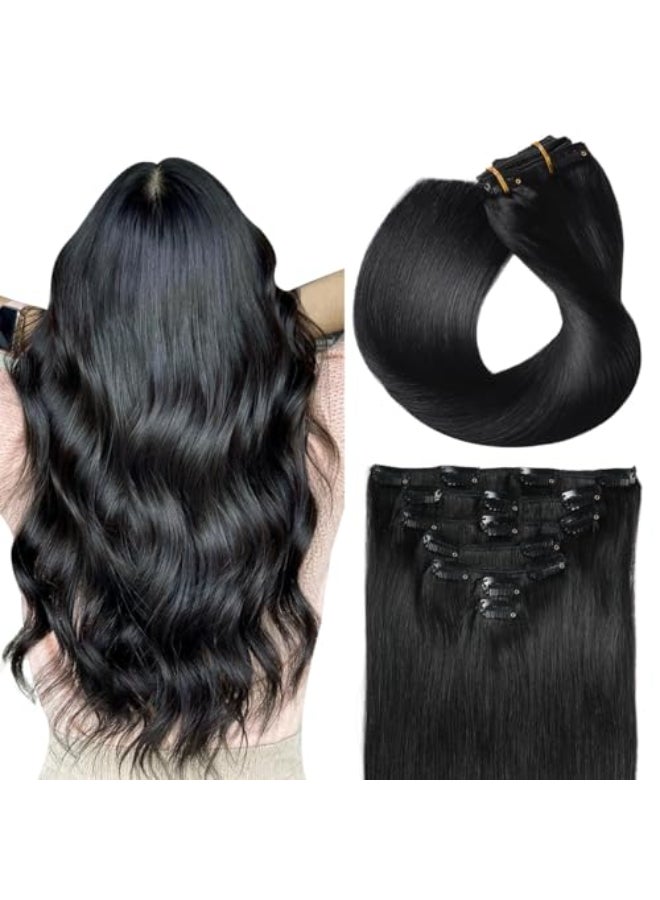 SUYYA Clip in Hair Extensions Real Human Hair Jet Black Straight Hair Extensions Clip ins Double Weft Human Hair Clip ins 7pcs 120g 18 inches 1 Jet Black - Image 1