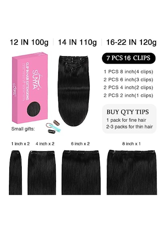 SUYYA Clip in Hair Extensions Real Human Hair Jet Black Straight Hair Extensions Clip ins Double Weft Human Hair Clip ins 7pcs 120g 18 inches 1 Jet Black - Image 4