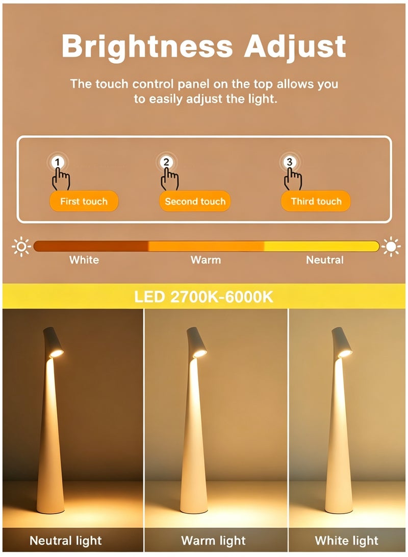 مصباح طاولة LED يعمل باللمس - قابل لإعادة الشحن ولاسلكي مع إضاءة قابلة للتعتيم بثلاثة ألوان، غطاء بلاستيكي غير لامع، شحن USB - إضاءة سفلية عصرية محمولة لغرفة النوم، طاولة الطعام، المكتب، والقراءة - هدية أنيقة لديكور المنزل - Image 3
