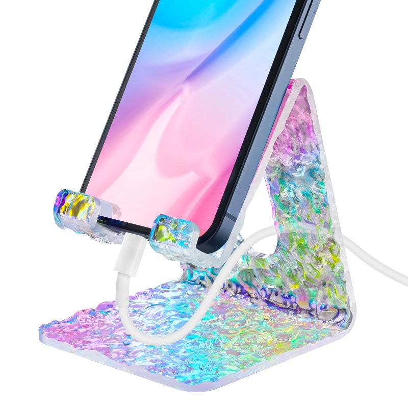 Tomorotec Acrylic Cell Phone Stand Portable Phone Holder for Desk NonSlip Desktop 48 Smartphones Holder Compatible with iPhone Samsung Galaxy Pixel Phone Cradle Dock Home Office Iridescent Wave - Image 3