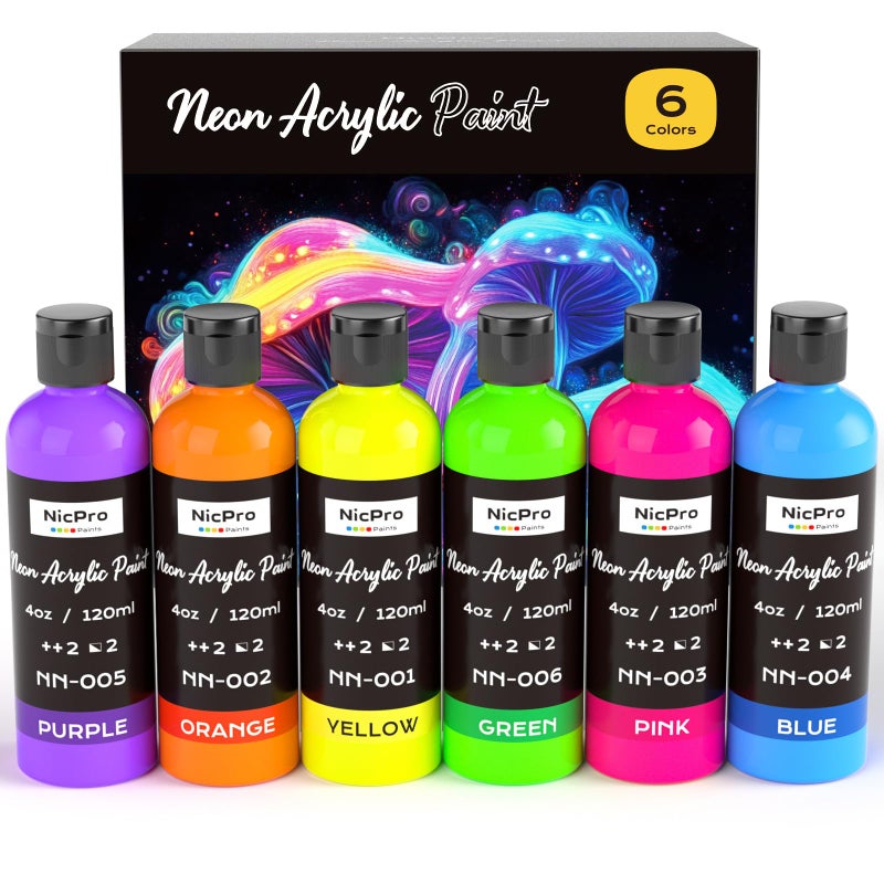 Nicpro 6 Colors Fluorescent Acrylic Paint Set (4 oz, 120 ml), Glow in the Black Light, Non-Toxic & Vibrant Neon Paint for Neon Party Decoration, DIY Project on Multi-Surface, Canvas, Rock, Wood, Craft - Image 1