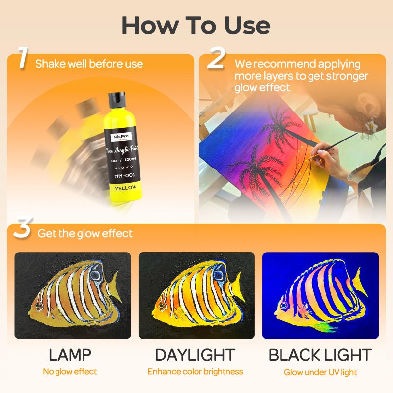 Nicpro 6 Colors Fluorescent Acrylic Paint Set (4 oz, 120 ml), Glow in the Black Light, Non-Toxic & Vibrant Neon Paint for Neon Party Decoration, DIY Project on Multi-Surface, Canvas, Rock, Wood, Craft - Image 4