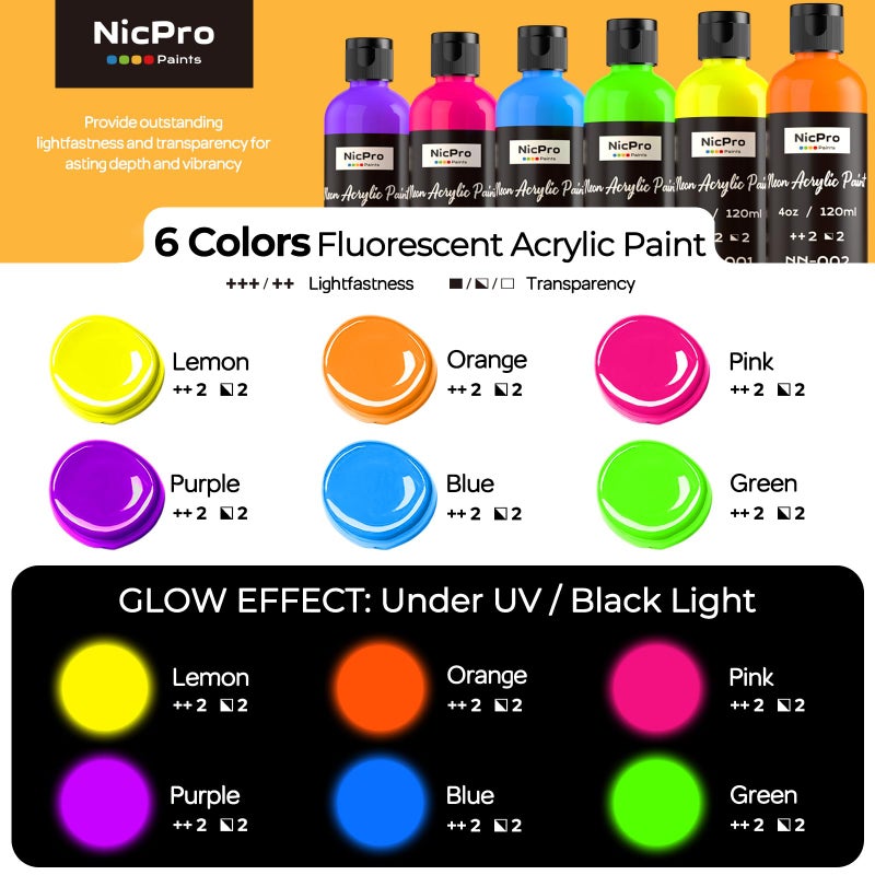 Nicpro 6 Colors Fluorescent Acrylic Paint Set (4 oz, 120 ml), Glow in the Black Light, Non-Toxic & Vibrant Neon Paint for Neon Party Decoration, DIY Project on Multi-Surface, Canvas, Rock, Wood, Craft - Image 2