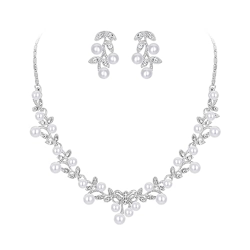 EVER FAITH Women's 1920s Vintage Victorian Jewelry, White Simulated Pearl Vine Leaf Bowknot Wedding Bridal Necklace Earrings Set for Bride, Bridesmaids Silver-Tone - Image 1