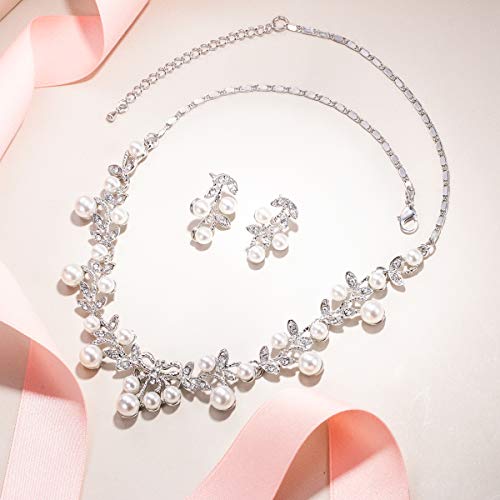 EVER FAITH Women's 1920s Vintage Victorian Jewelry, White Simulated Pearl Vine Leaf Bowknot Wedding Bridal Necklace Earrings Set for Bride, Bridesmaids Silver-Tone - Image 4