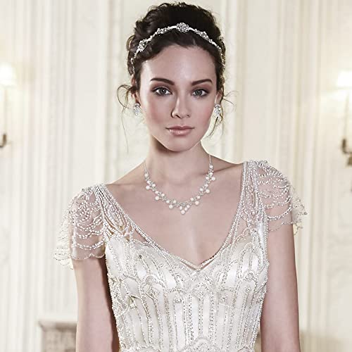 EVER FAITH Women's 1920s Vintage Victorian Jewelry, White Simulated Pearl Vine Leaf Bowknot Wedding Bridal Necklace Earrings Set for Bride, Bridesmaids Silver-Tone - Image 2