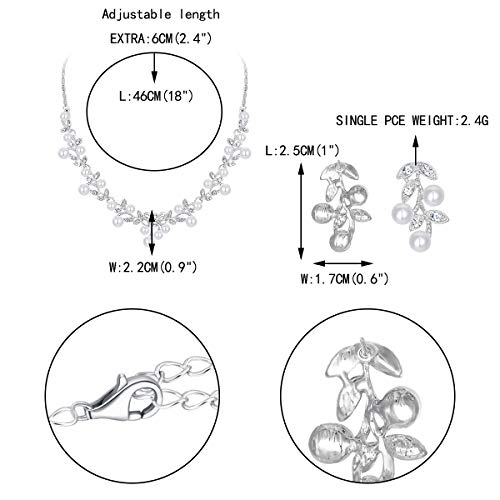 EVER FAITH Women's 1920s Vintage Victorian Jewelry, White Simulated Pearl Vine Leaf Bowknot Wedding Bridal Necklace Earrings Set for Bride, Bridesmaids Silver-Tone - Image 5