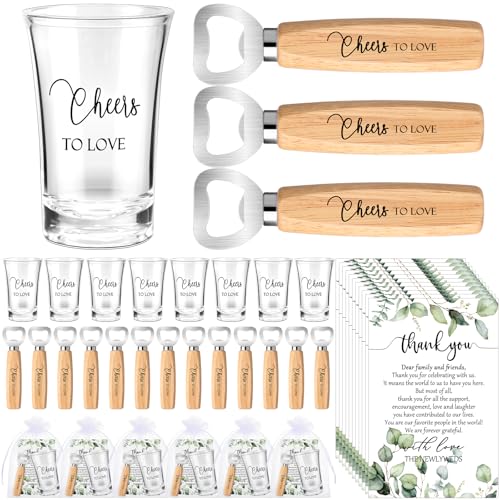 Funnymoom 50 Sets Wedding Party Favors for Guests Cheers to Love Wedding Shot Glasses Bottle Opener with Thank You Cards Bridal Shower Thank You Gifts Acrylic