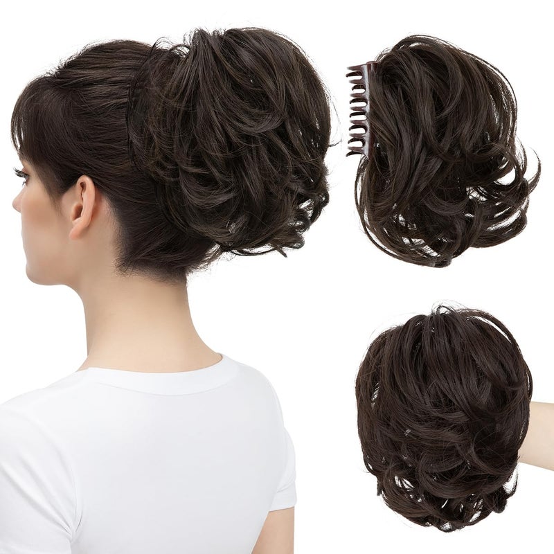 youngways Claw Clip Short Ponytail Messy Bun Hair Piece Bendable Hair Branch Extensions Fluffy Wavy Curly Synthetic Versatile Dark Brown Hairpieces