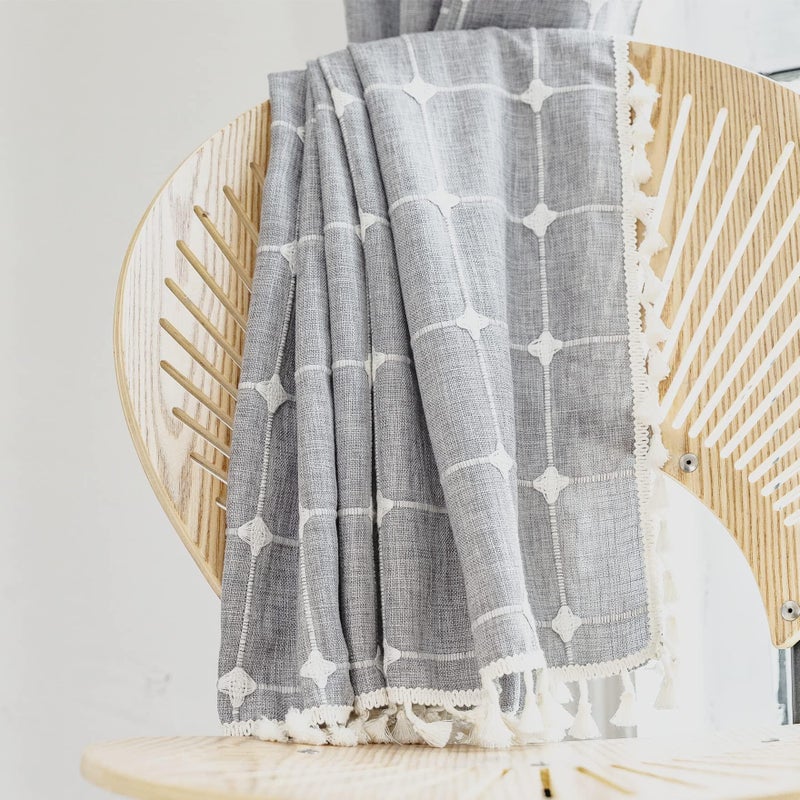 Deeprove Boho Curtains 96 Inches Long for Bedroom Kitchen  Cotton Linen Gray Plaids Embroidered Semi Blackout Bohemian Farmhouse Window Treatment Grids Drape Tassels  1 Panel W52 x L96 Grey - Image 2