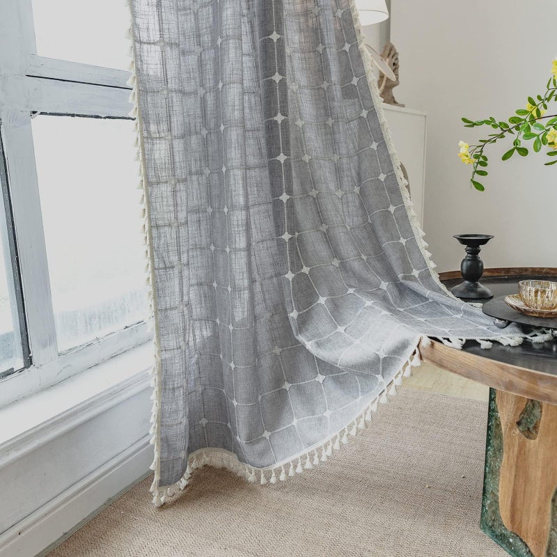 Deeprove Boho Curtains 96 Inches Long for Bedroom Kitchen  Cotton Linen Gray Plaids Embroidered Semi Blackout Bohemian Farmhouse Window Treatment Grids Drape Tassels  1 Panel W52 x L96 Grey - Image 5
