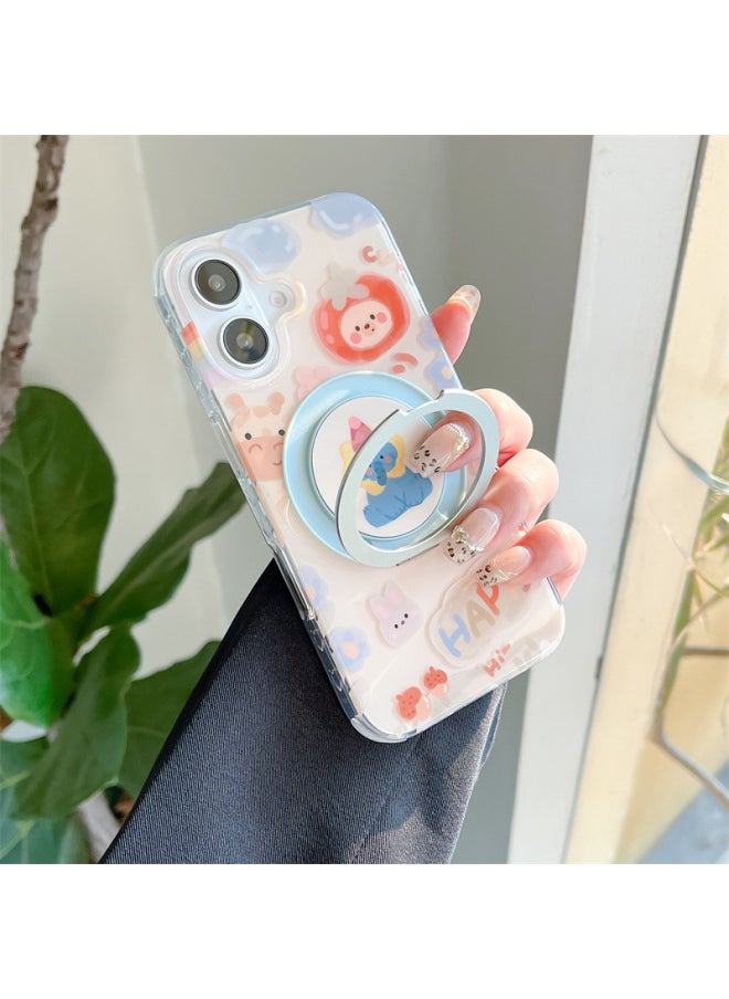 Generic - Cartoon Oil Painting Animal 16ProMax Mobile Phone Case 360 Magnetic Rotating Apple 15 Female Iphone14/13-Color:Polka Dot Bow Elephant-360 Rotating Stand Sm-Applicable Models:Apple 14pro - Image 1