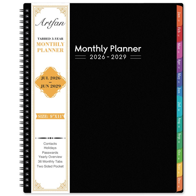 Artfan 2026-2029 Monthly Planner - 3 Year Planner 2026-2029, JUL 2026 - JUN 2029, 36 Months Calendar Planner, 9" x 11", 3 Year Monthly Planners 2026-2027 with Colorful Tabs, Pocket, Notes - Black - Image 1