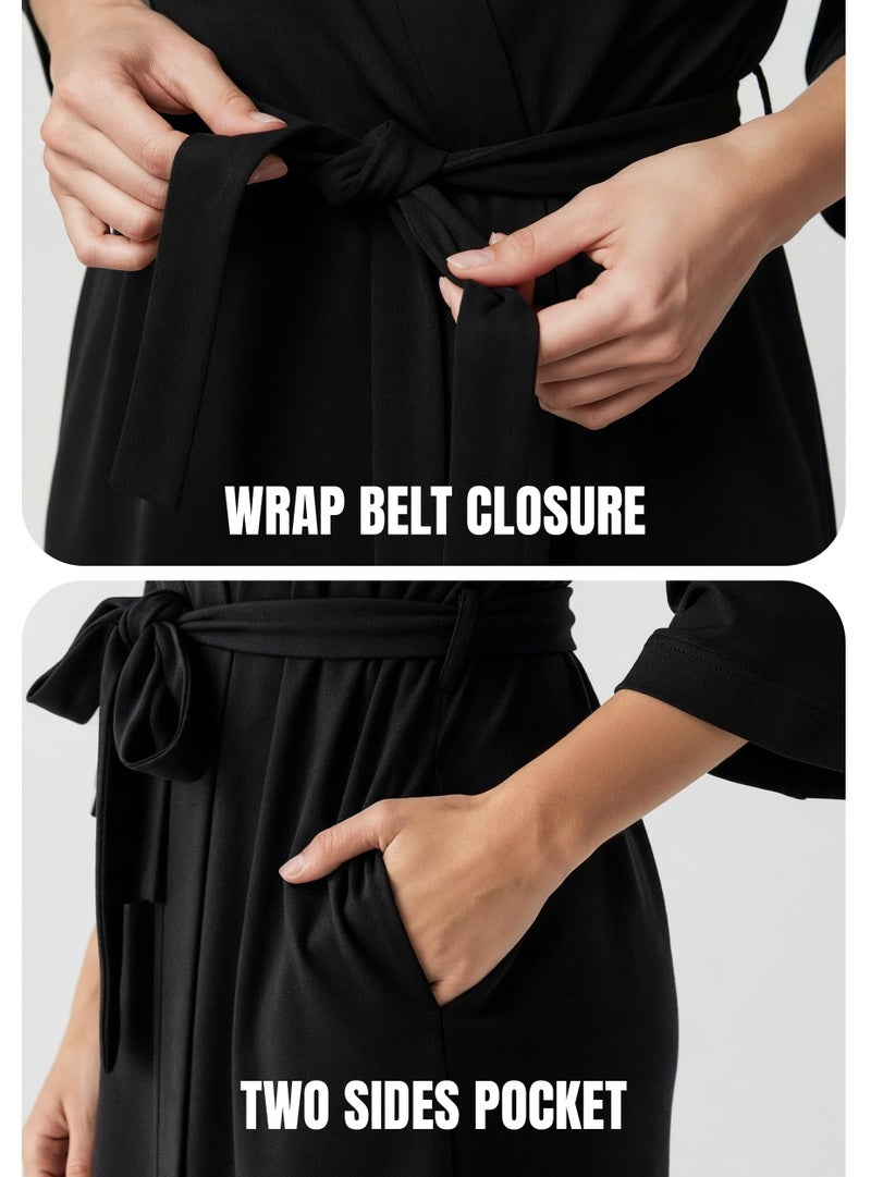NY Threads Women's Robe Long Knit Bathrobe 3/4 Sleeves Soft Kimono Lightweight Loungewear, XX-Large, Black - Image 4