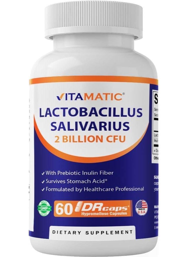 Vitamatic Lactobacillus Salivarius 2 Billion per DR Capsule - 60 Count - Digestive Support - Made with Prebiotic Inulin Fiber - Image 1