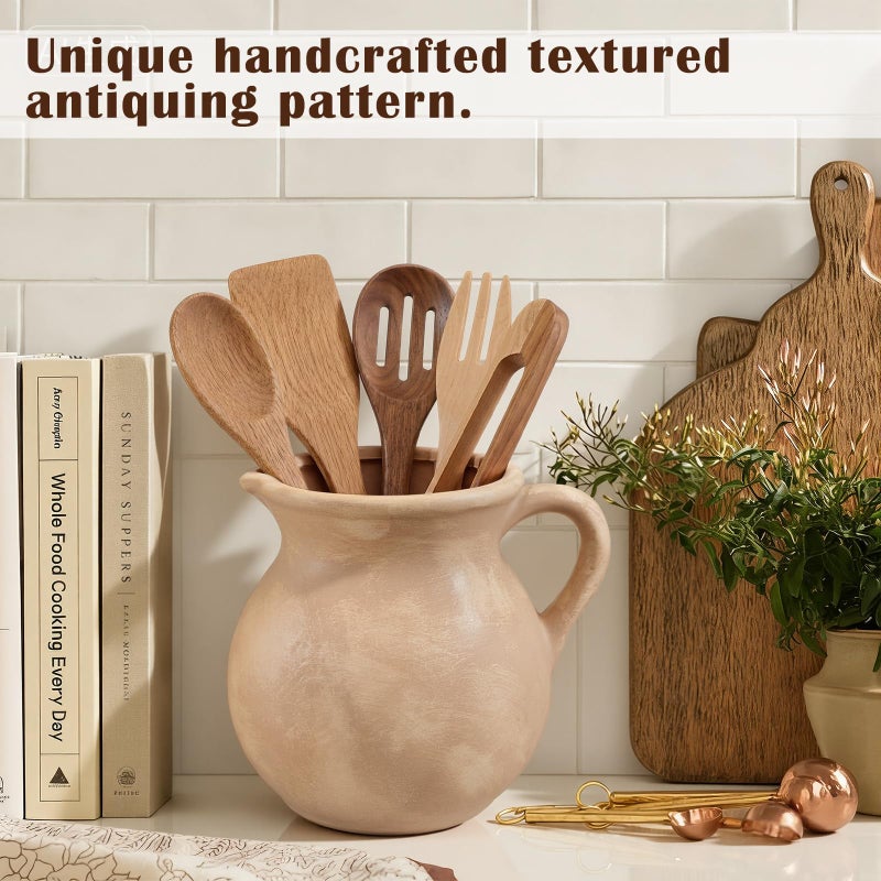 Potchen Rustic Kitchen Utensil Holder with Handle,7.48" H Ceramic Vintage Utensil Crock for Countertop, Farmhouse Kitchen Decoration Ceramic Pot for Spatulas Spoons Tongs(Classic,Antique Beige) - Image 2