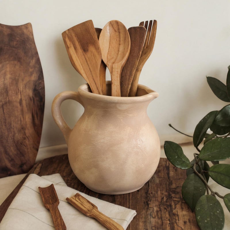 Potchen Rustic Kitchen Utensil Holder with Handle,7.48" H Ceramic Vintage Utensil Crock for Countertop, Farmhouse Kitchen Decoration Ceramic Pot for Spatulas Spoons Tongs(Classic,Antique Beige) - Image 5