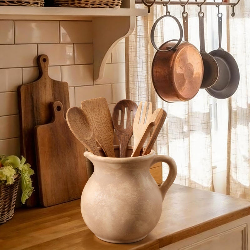Potchen Rustic Kitchen Utensil Holder with Handle,7.48" H Ceramic Vintage Utensil Crock for Countertop, Farmhouse Kitchen Decoration Ceramic Pot for Spatulas Spoons Tongs(Classic,Antique Beige) - Image 4
