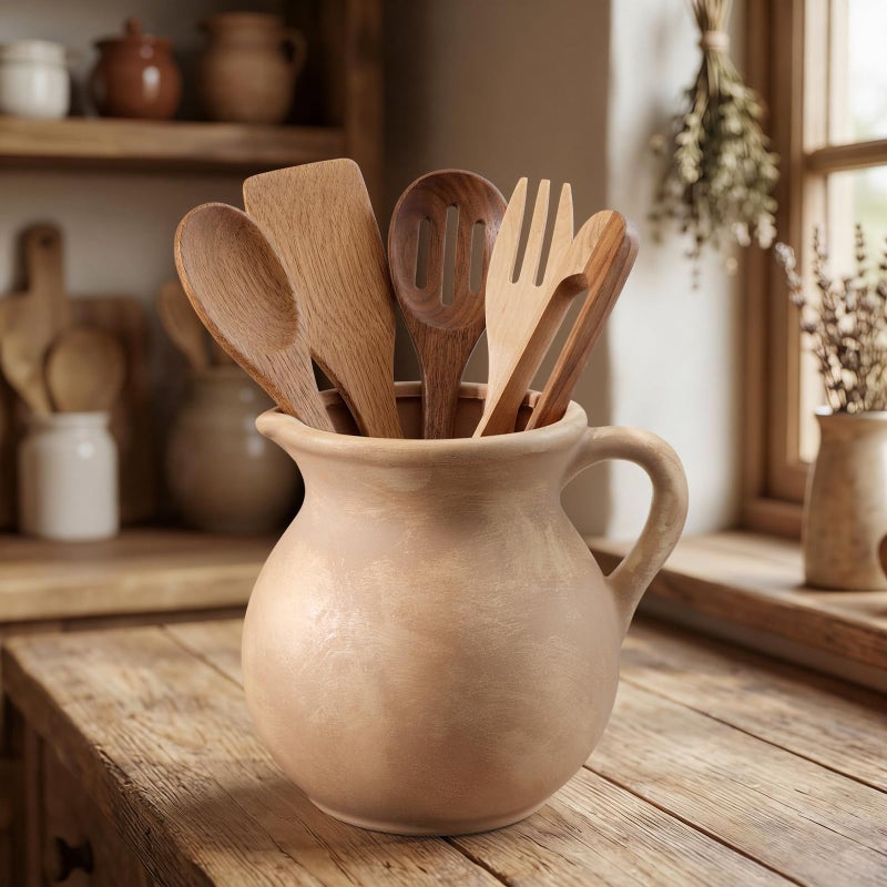 Potchen Rustic Kitchen Utensil Holder with Handle,7.48" H Ceramic Vintage Utensil Crock for Countertop, Farmhouse Kitchen Decoration Ceramic Pot for Spatulas Spoons Tongs(Classic,Antique Beige) - Image 1