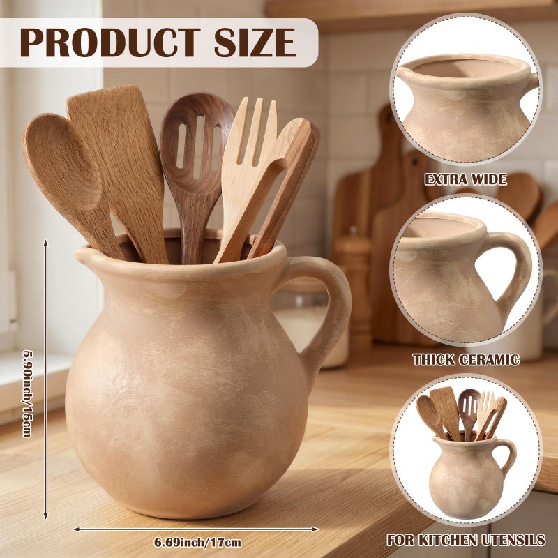 Potchen Rustic Kitchen Utensil Holder with Handle,7.48" H Ceramic Vintage Utensil Crock for Countertop, Farmhouse Kitchen Decoration Ceramic Pot for Spatulas Spoons Tongs(Classic,Antique Beige) - Image 3