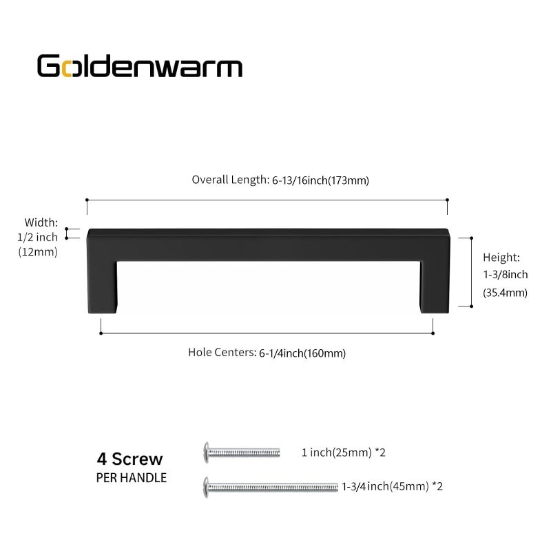 goldenwarm 2 Pack Black Cabinet Pulls Dresser Drawer Handle 6-1/4in(160mm) Kitchen Cabinets Handles Square Bar Stainless Steel Modern Hardware for Bathroom Cupboard - Image 3