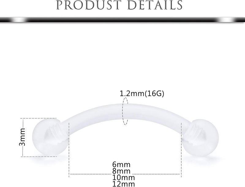 Hoeudjo 16G Clear Flexible Curved Eyebrow Ring Rook Piercing Retainer Cartilage Tragus Daith Snug Barbell Bioplast Retainers for Work 16-36 Pieces - Image 4