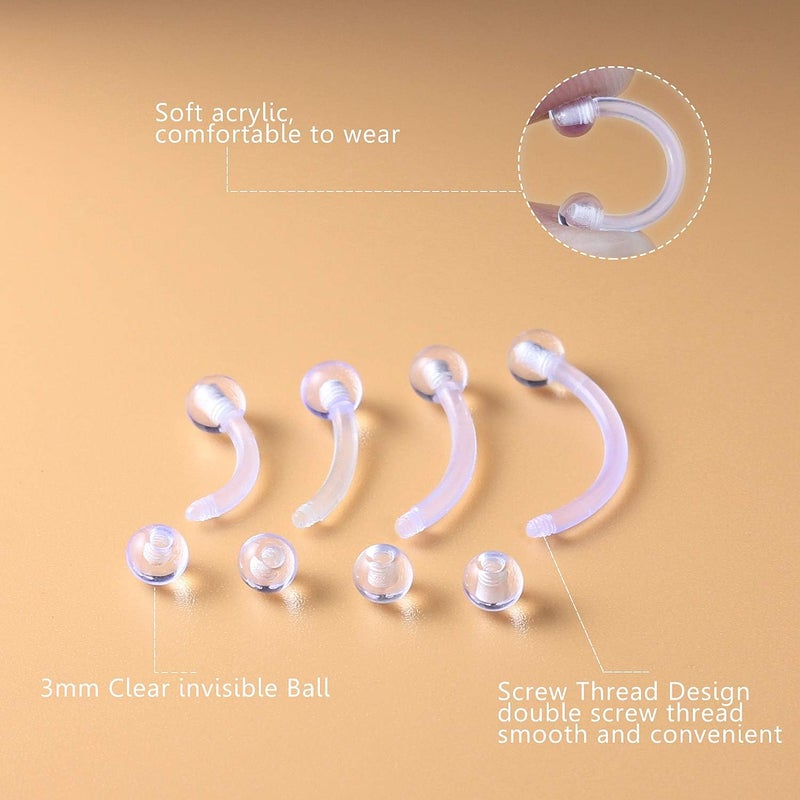 Hoeudjo 16G Clear Flexible Curved Eyebrow Ring Rook Piercing Retainer Cartilage Tragus Daith Snug Barbell Bioplast Retainers for Work 16-36 Pieces - Image 5